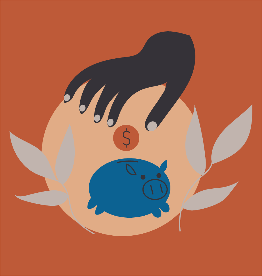 Hand putting dollar into piggy bank illustration