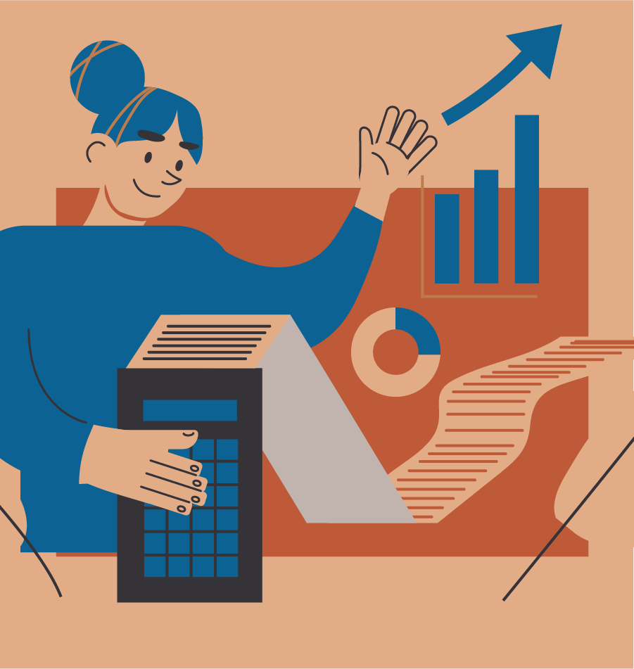 Woman using calculator with background graphs and charts. Accounting illustration