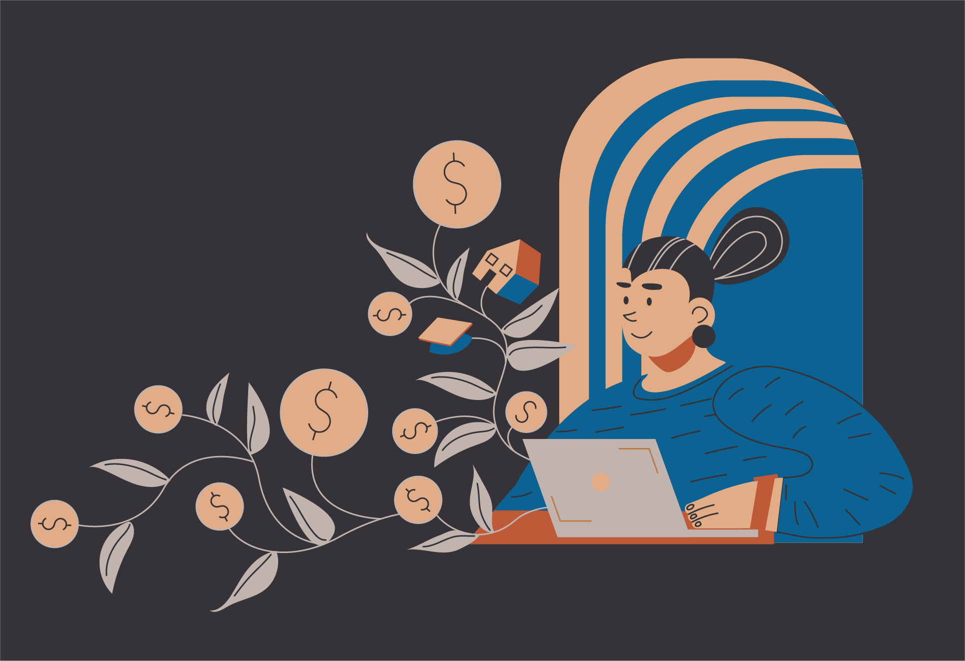 Woman on computer growing wealth, and financial assets, house, education