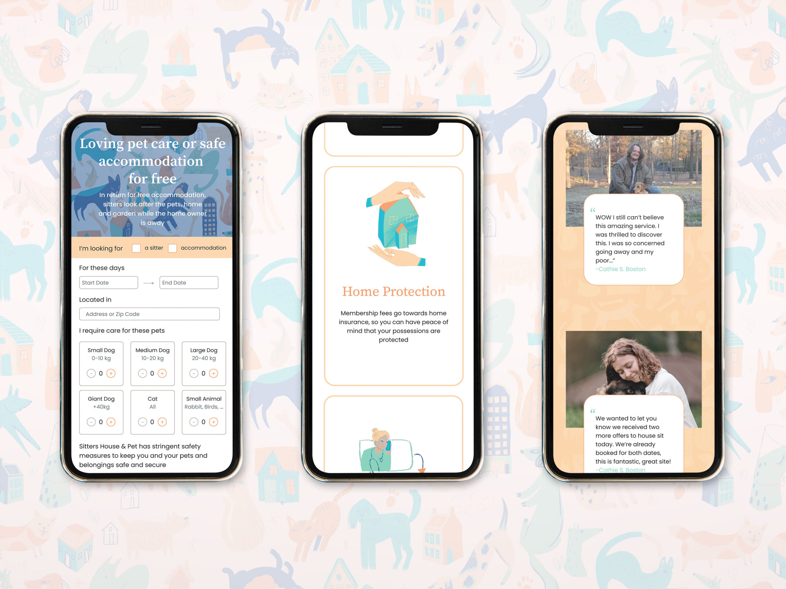 Mobile web design on three screens for pet sitters website